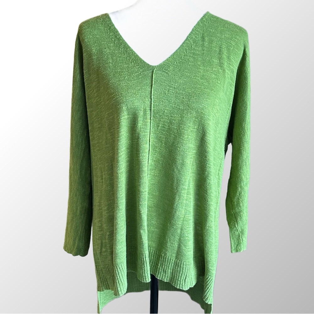 Eileen Fisher Sweater Size PL Green‎ Grass Organic Linen Cotton Slub V-neck